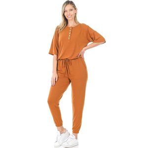 Women's Sporty Chic Casual Jumper Elastic Waistband & Top Buttons Almond